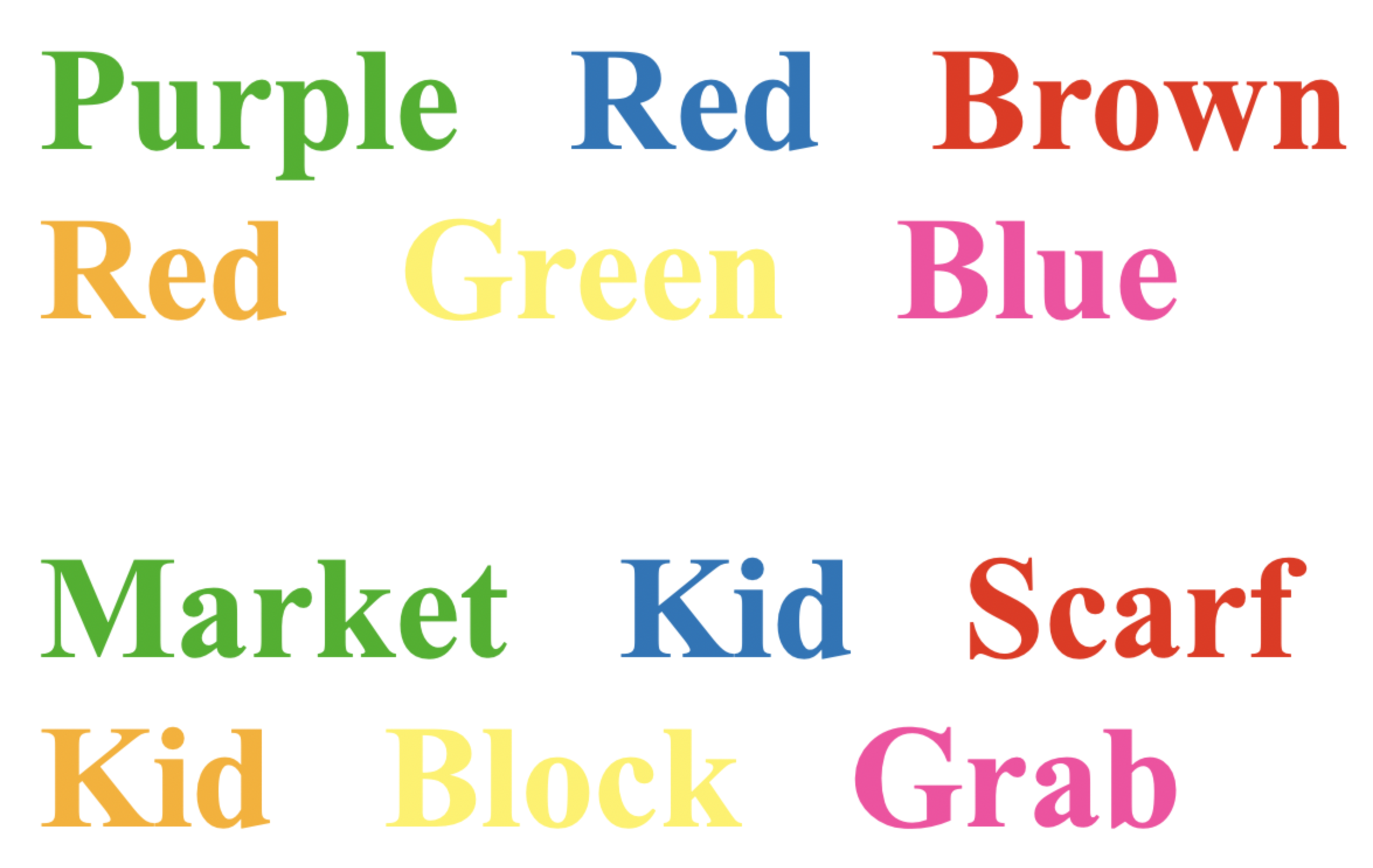 Stroop task example showing conflicting word meaning and ink color, used to measure selective attention, cognitive control, and reaction time.