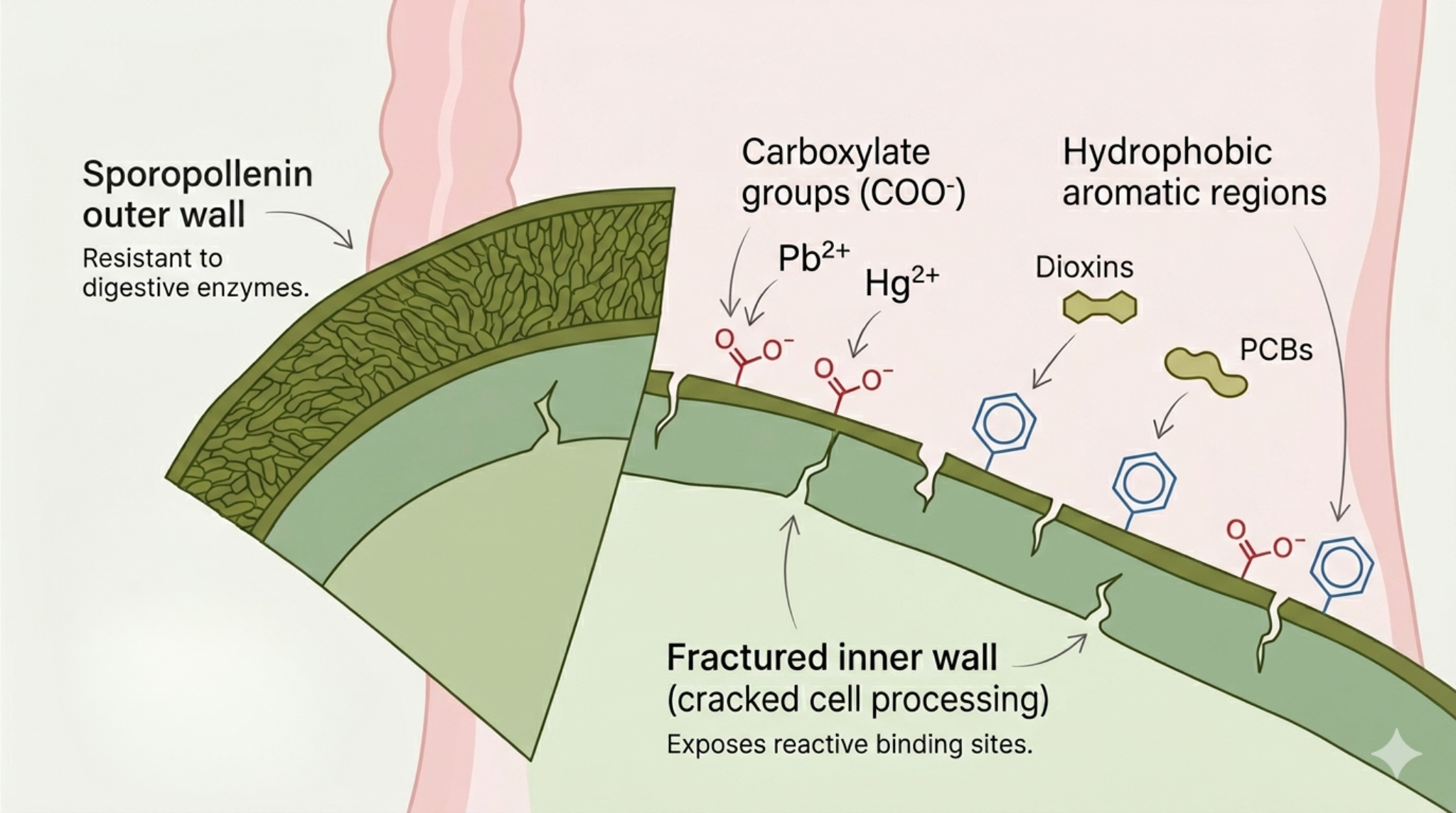 Chlorella cell wall illustration showing how its durable outer wall resists digestion while exposed inner binding sites may help bind heavy metals, dioxins, PCBs, and other toxins.